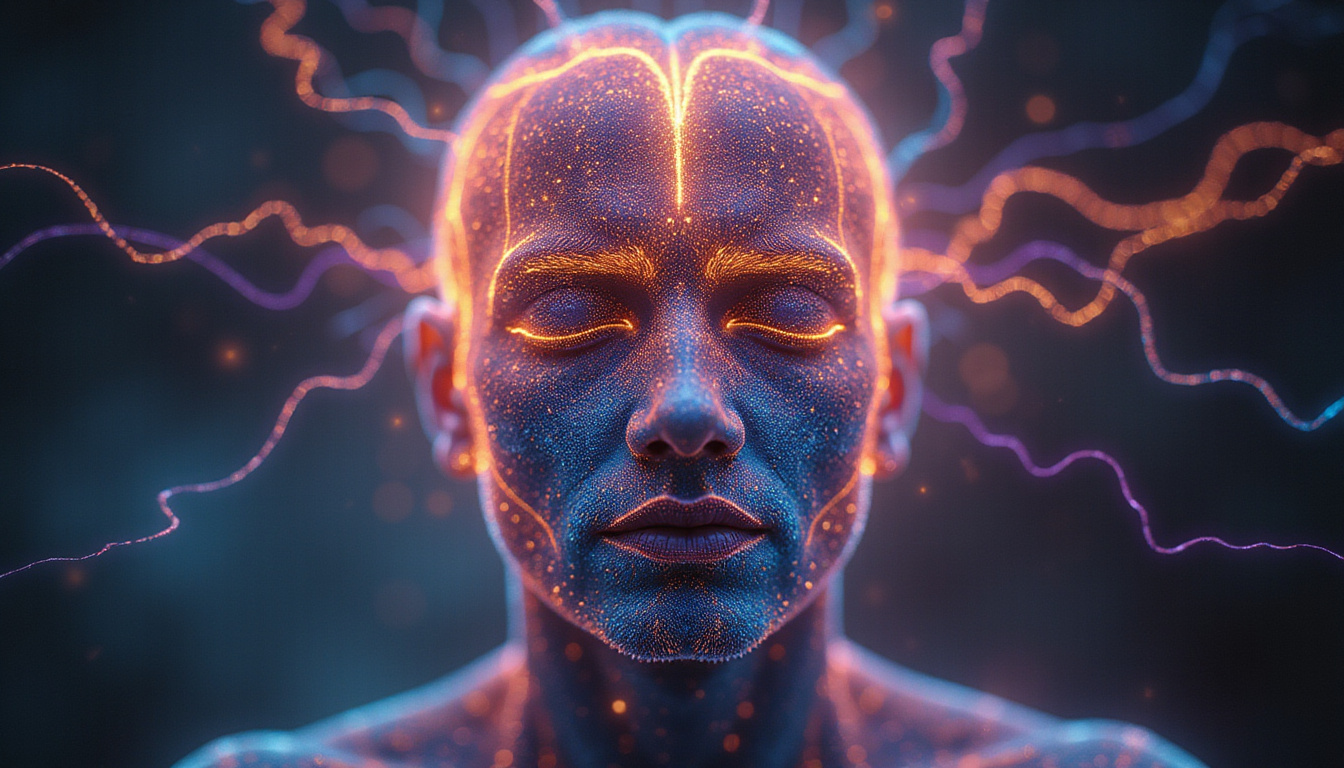  Calm face meditating amid rewiring brain circuits, affirmations as luminous threads of confidence