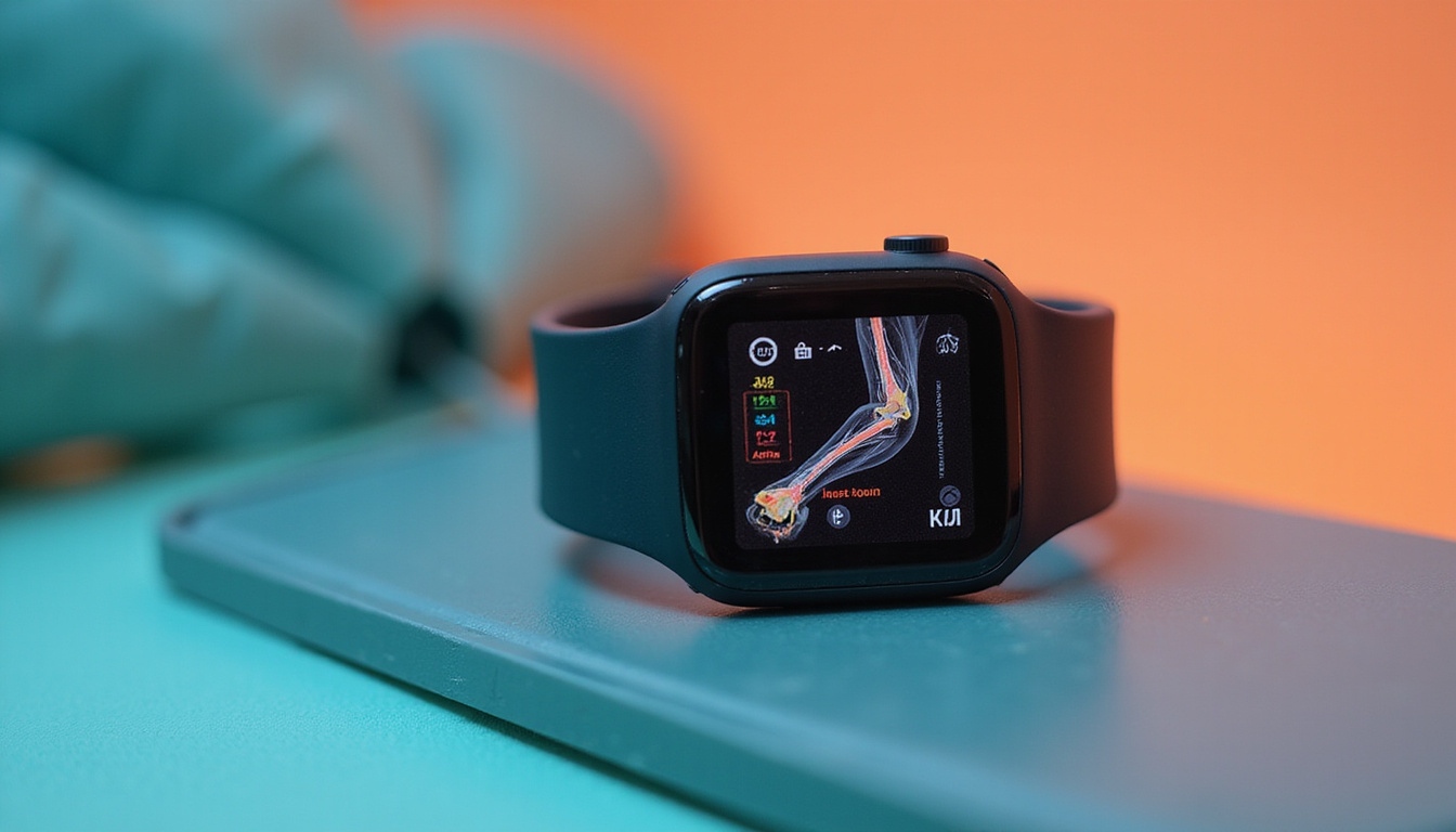  Close-up wearable display showing joint strain analytics, color-coded alerts, preventive tips beside paddles