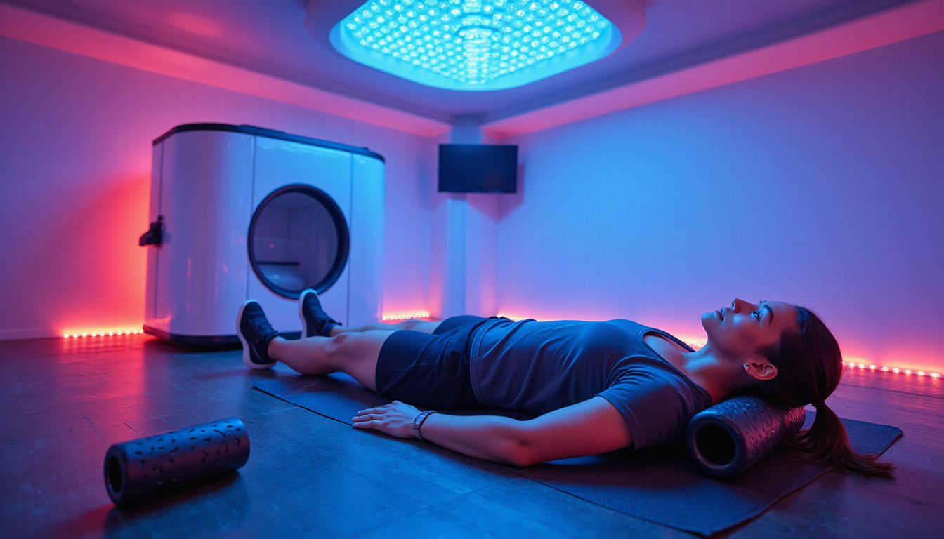 Recovery sanctuary with LED cryotherapy chamber, foam rollers, athlete relaxed, biometric hologram overlay