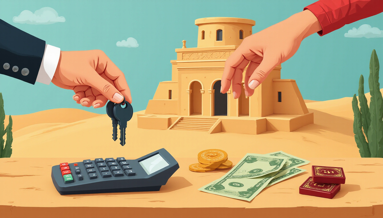  Hands exchanging keys and cash beside historic Egyptian building, calculator and official lease stamps