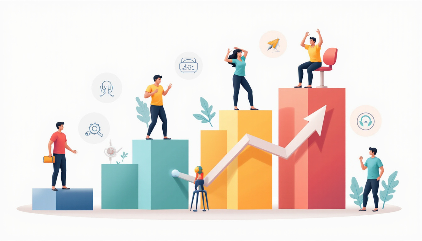 Clean infographic, 2x productivity graph rising, team breathing exercises, automation icons, soft pastel palette