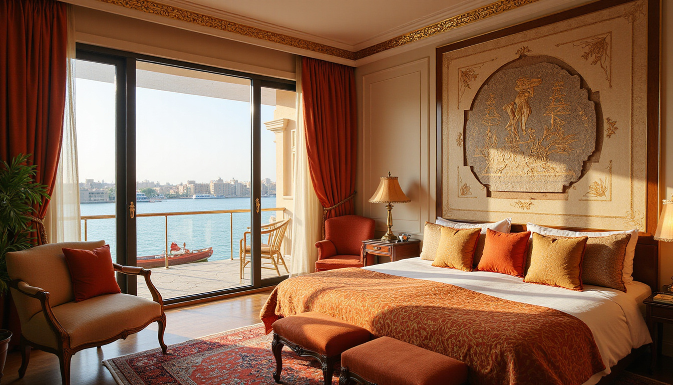  Elegant Arabic interior suite, gold accents, floor-to-ceiling windows with Nile view and private boat