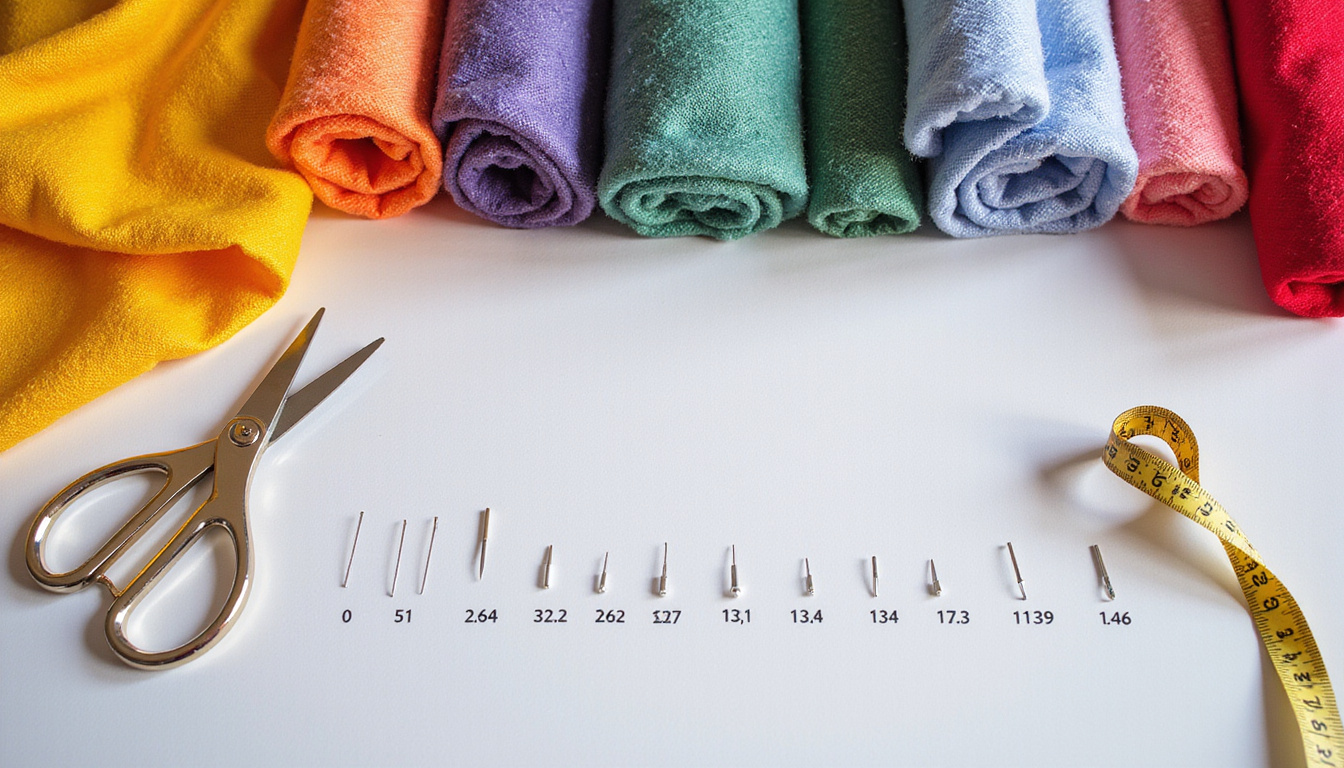  Instructional flatlay: labeled needle sizes beside fabrics, scissors, measuring tape, warm lighting