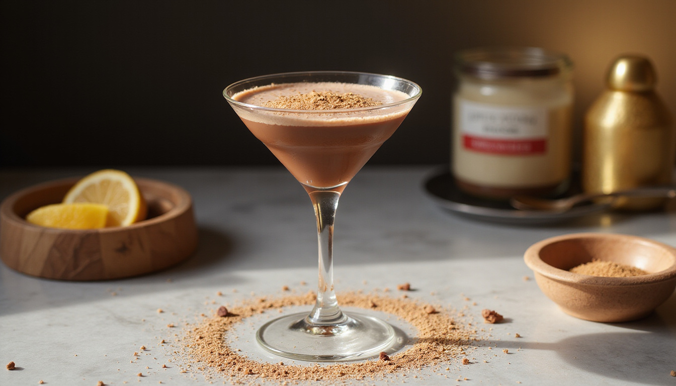 Guilt-free chocolate martini, keto dusting, gold leaf, moody marble countertop, warm glow