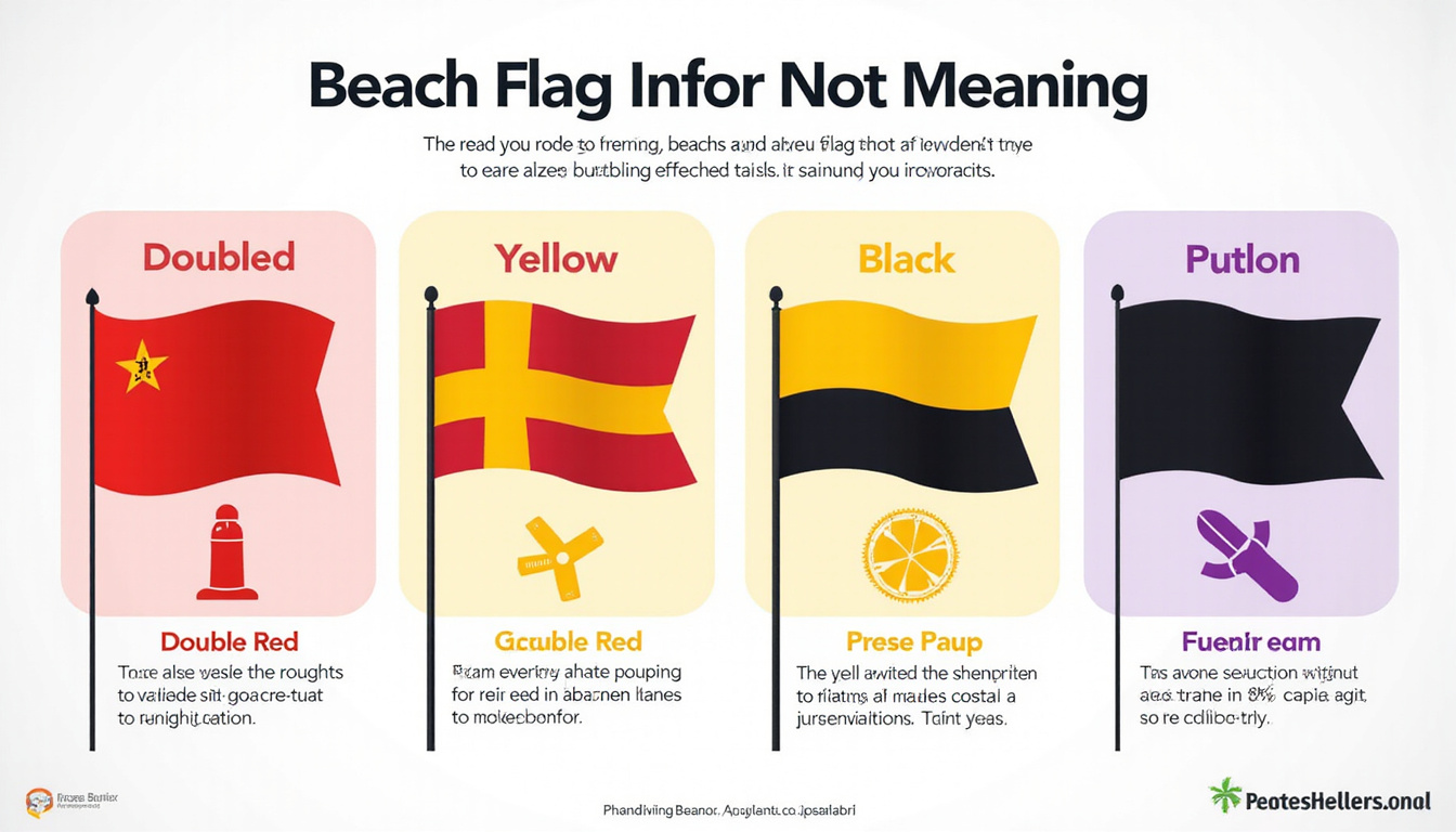  Educational infographic of beach flag meanings: red, double-red, yellow, black, purple, icons, clear typography