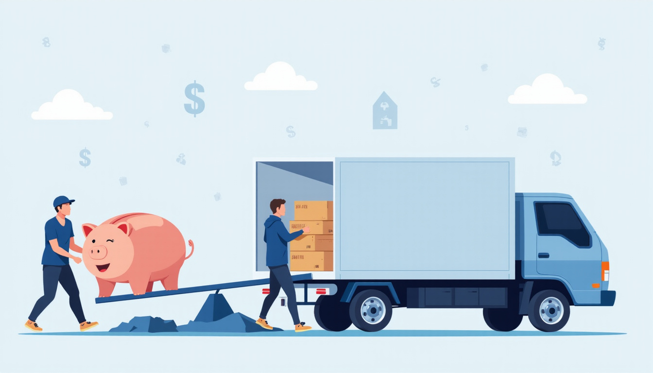 Minimalist infographic: scale balancing piggy bank and moving truck, bold icons, clean pastel palette
