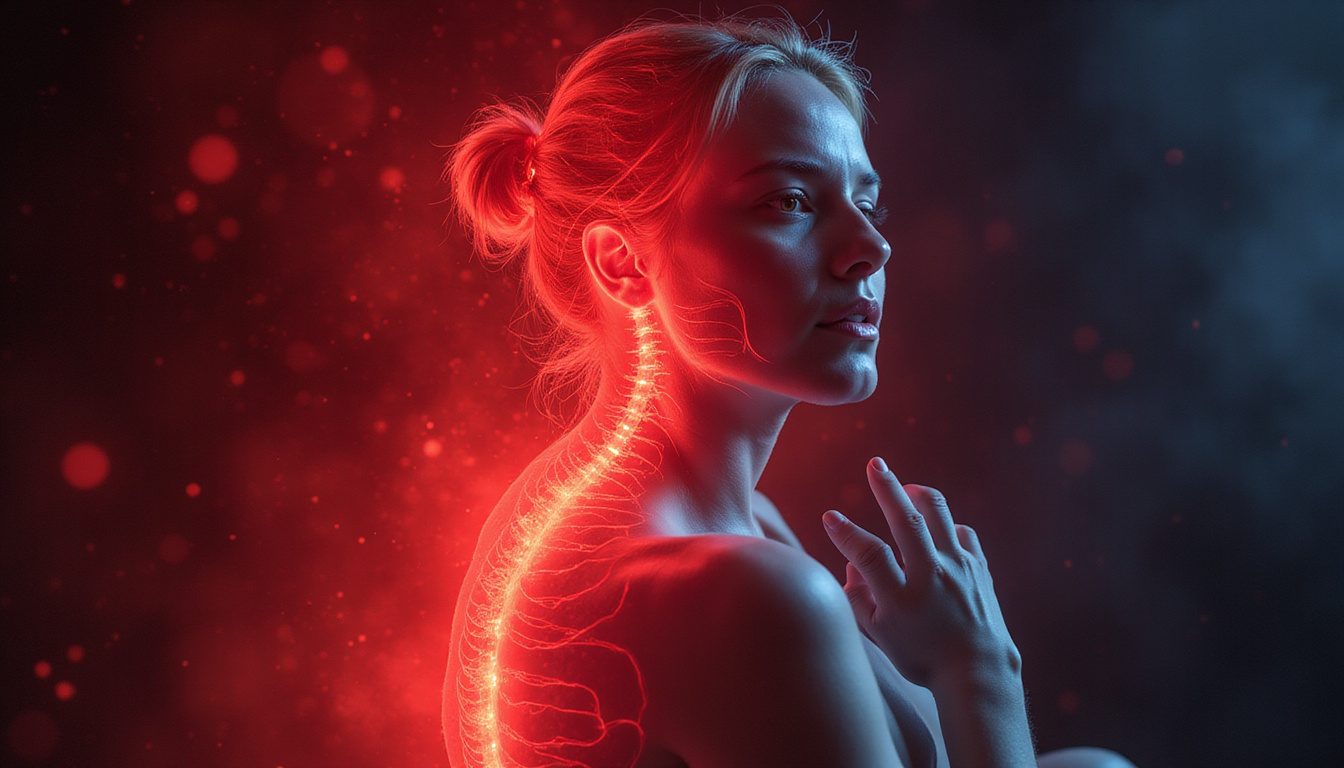 Split-screen contrast throbbing red nerve pain opposite serene therapies acupuncture yoga physical therapy