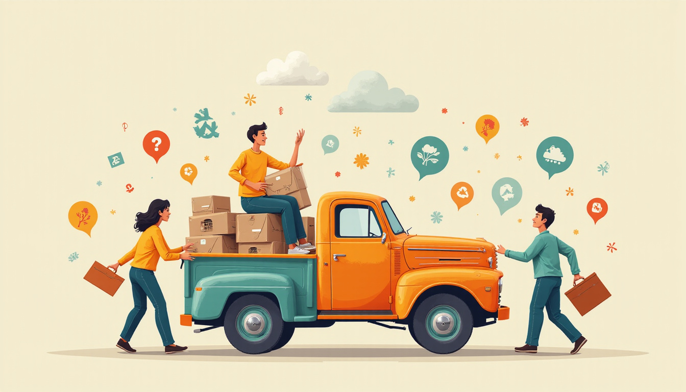  Affordable pickup crew carrying vintage armchair, recycling icons floating, neighborhood map pin