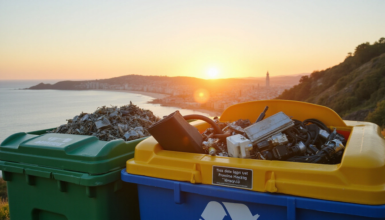  Affordable recycling bins, sorted electronics and metal, eco-friendly logo, sunrise over coastal city