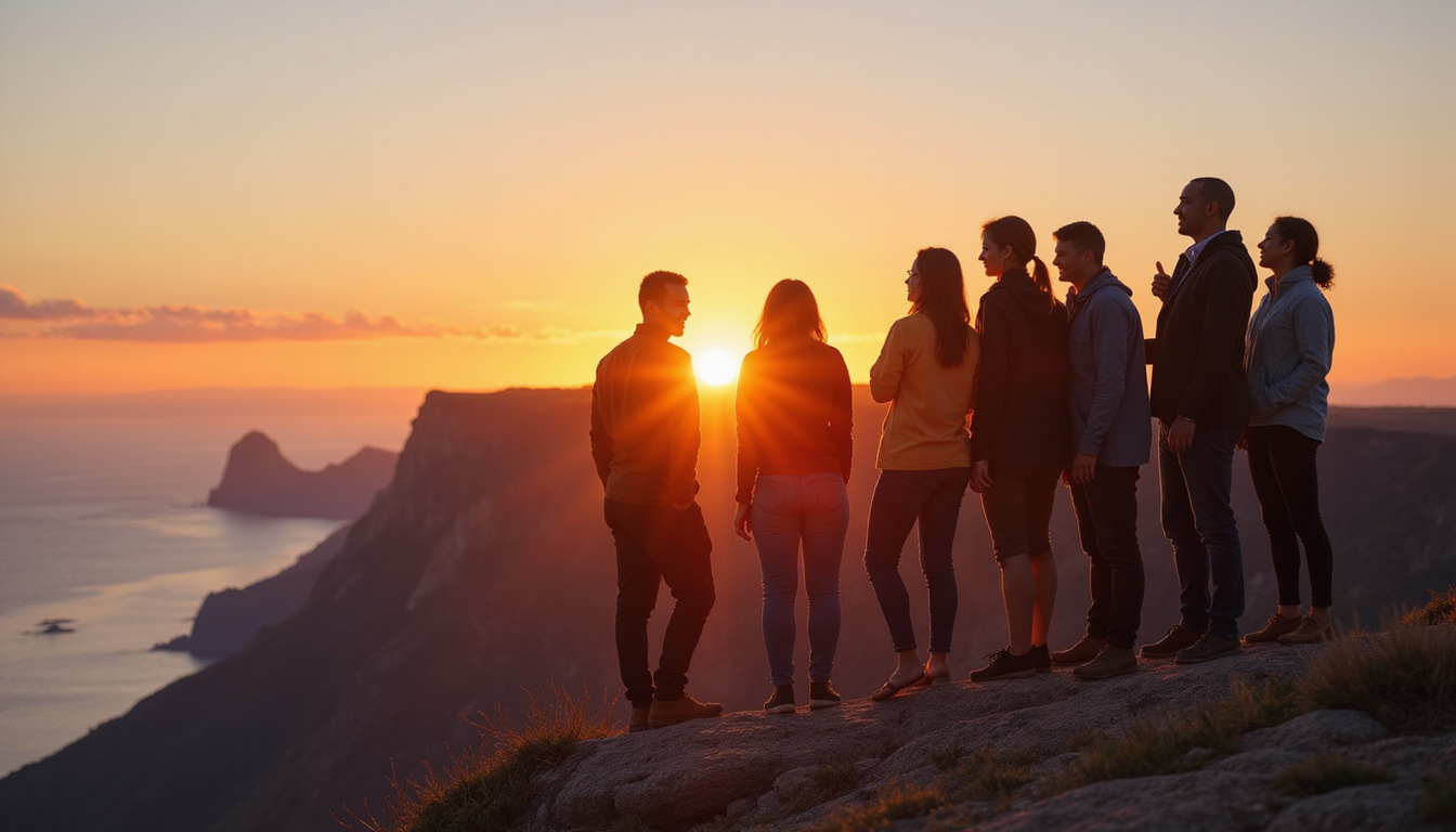 Group of diverse survivors on cliff at sunrise, sharing tearful smiles, symbols of ten transformed values