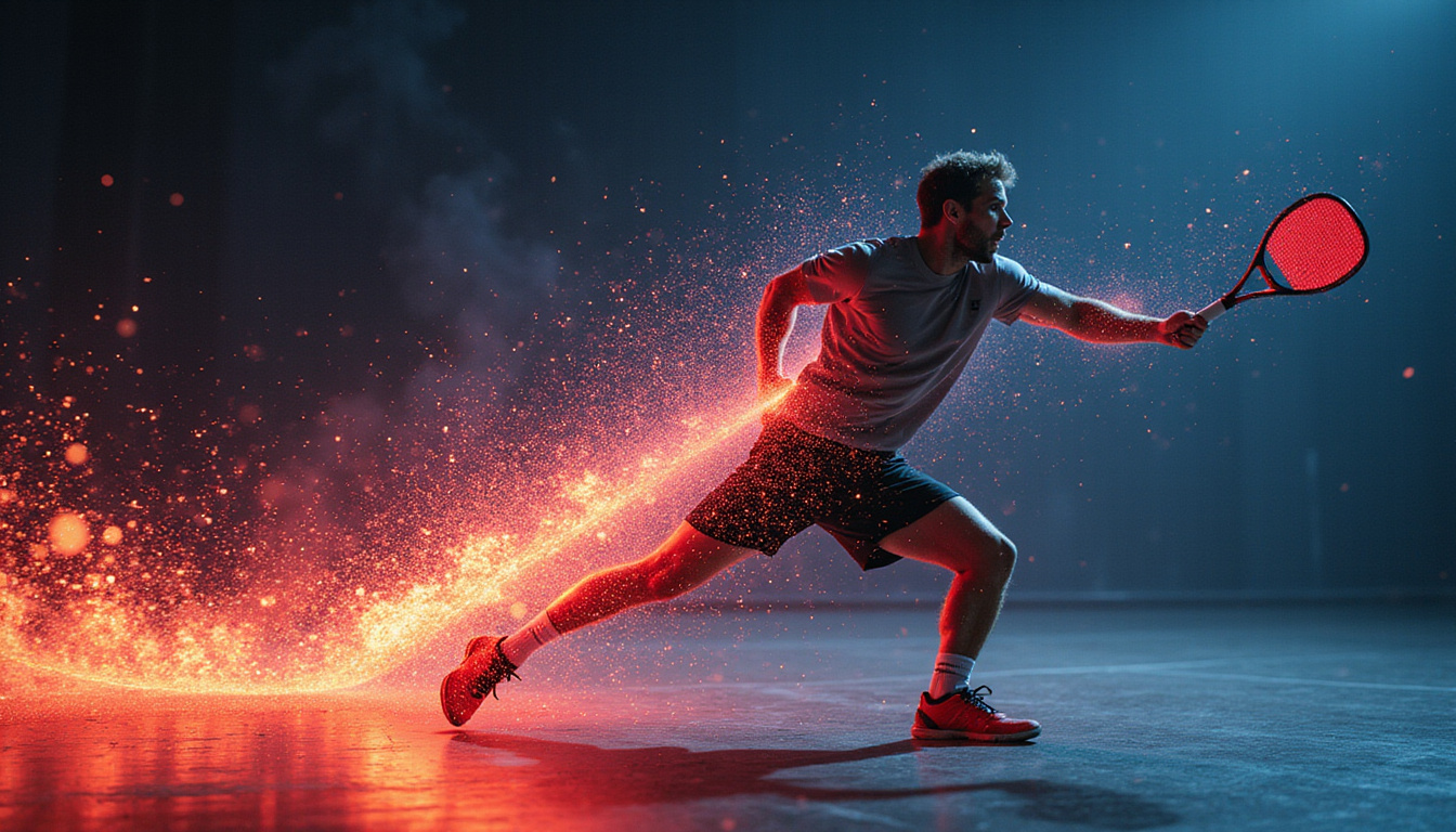  Dynamic male player exploding with power, glowing paddle vibration trails, recovery icons, futuristic sports science