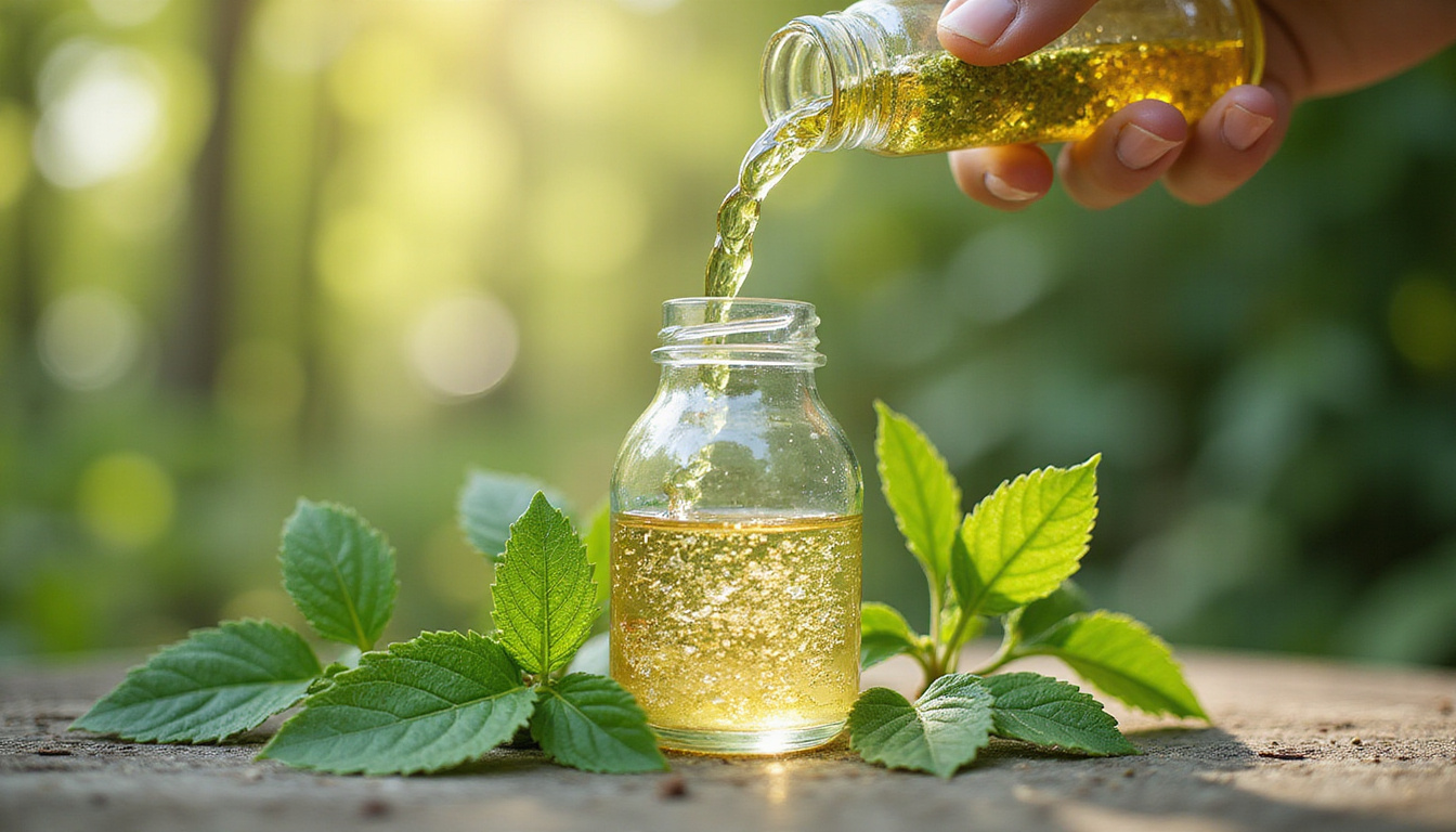  Glass vial pouring shimmering silica droplets into herbal elixir, horsetail plants, collagen fibers weaving