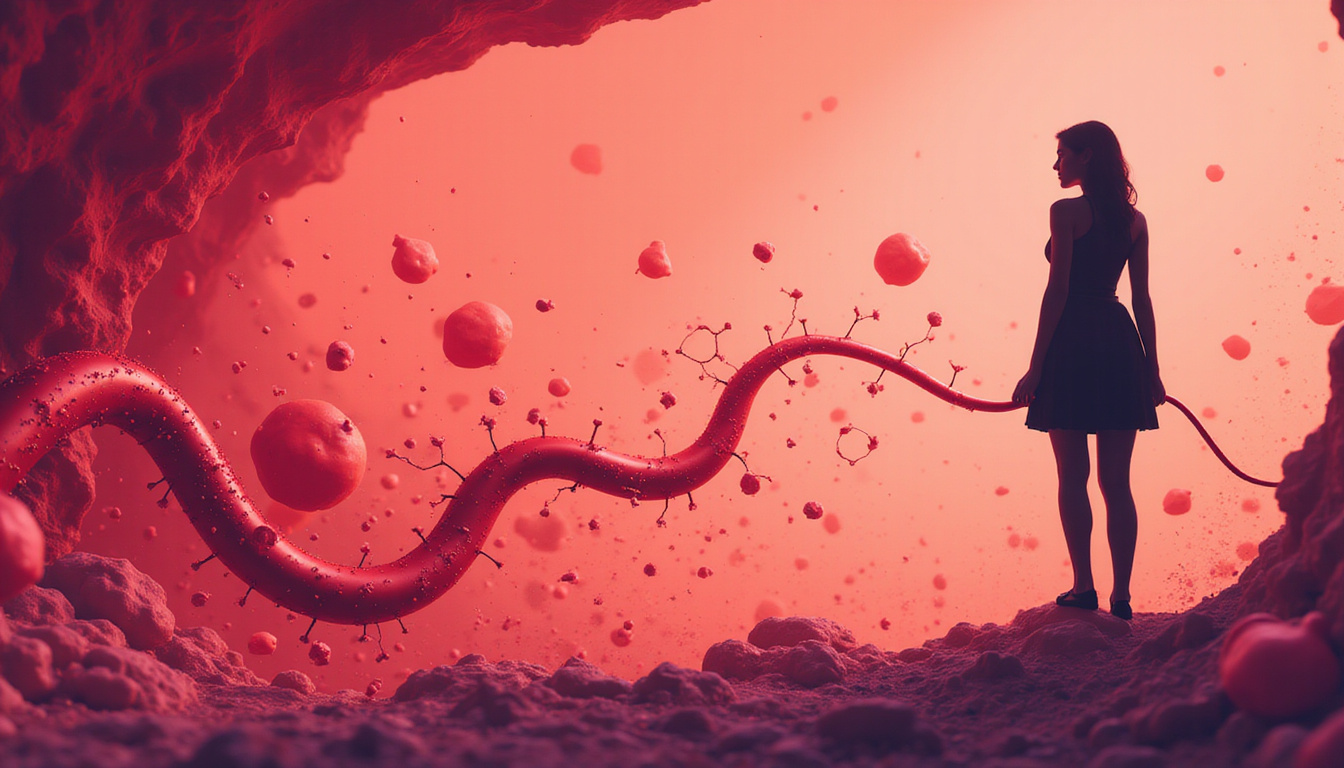  Conceptual illustration of hormonal bloodstream, estrogen molecules flowing, liver silhouette, caution symbols