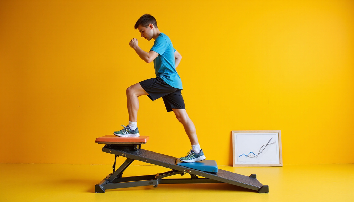 Young athlete performing step-up rehabilitation on adjustable platform, focused determination, progress chart nearby