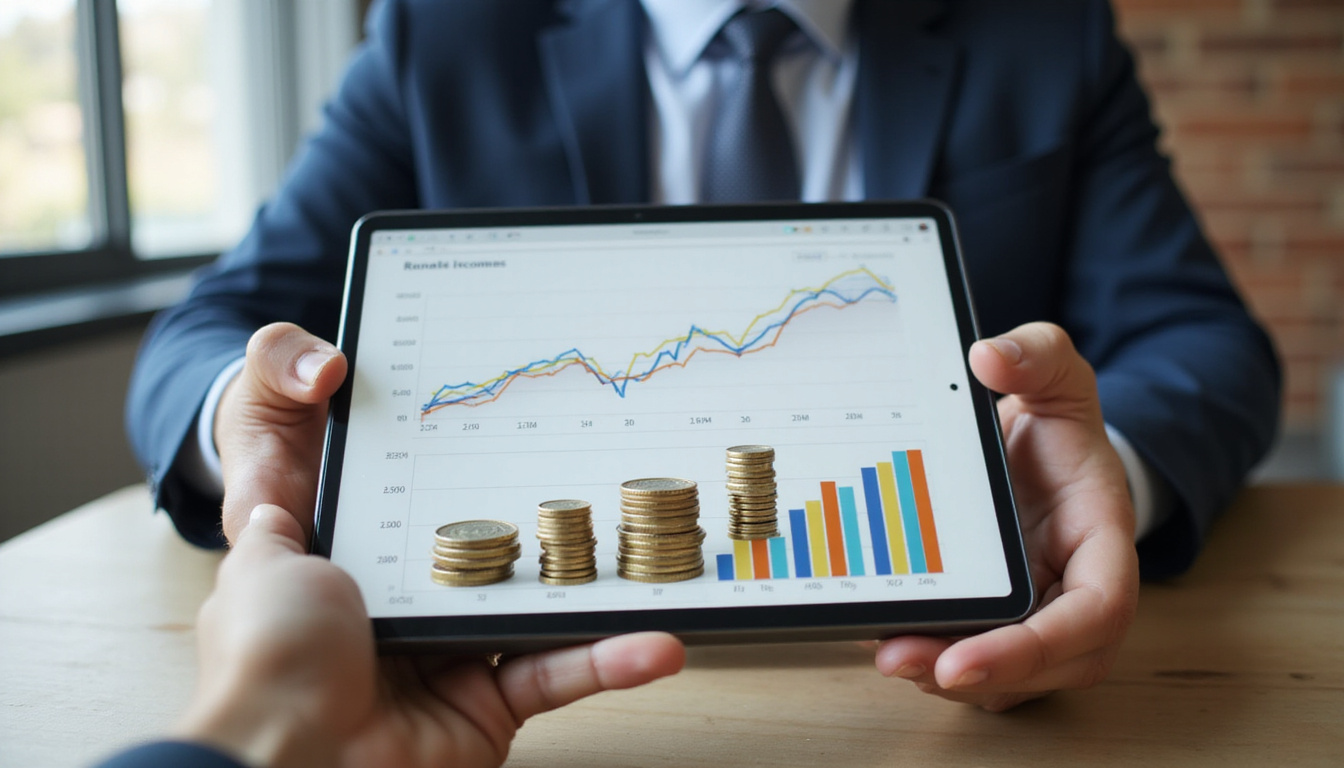 Close-up digital tablet showing rental income analytics, coins stacking, landlord shaking tenant