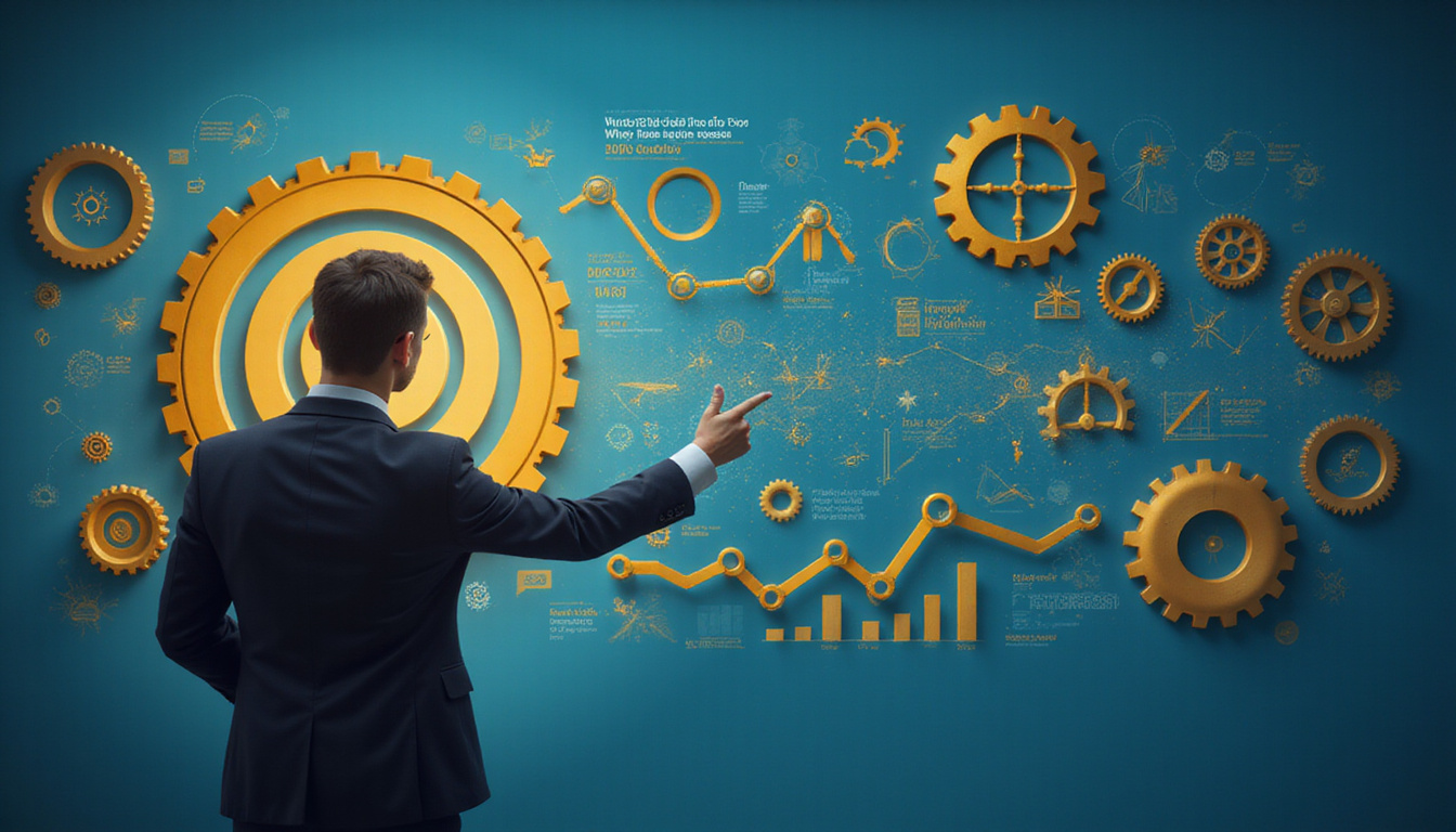  Photorealistic modern infographic, strategic gears, executive pointing at golden target, data-driven growth visualization