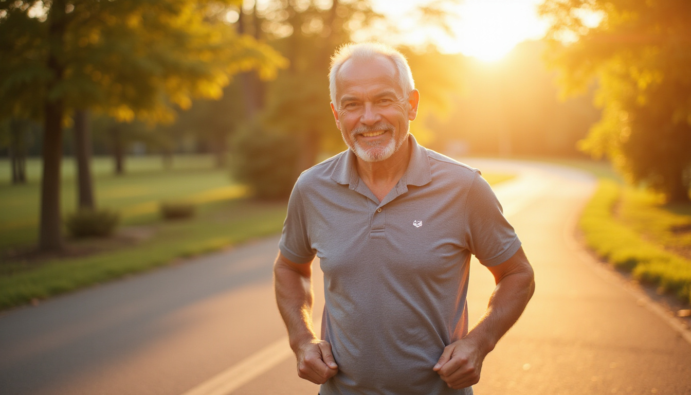  Elderly runner smiling pain-free, translucent molecular lubricin overlay protecting joints, warm natural sunlight