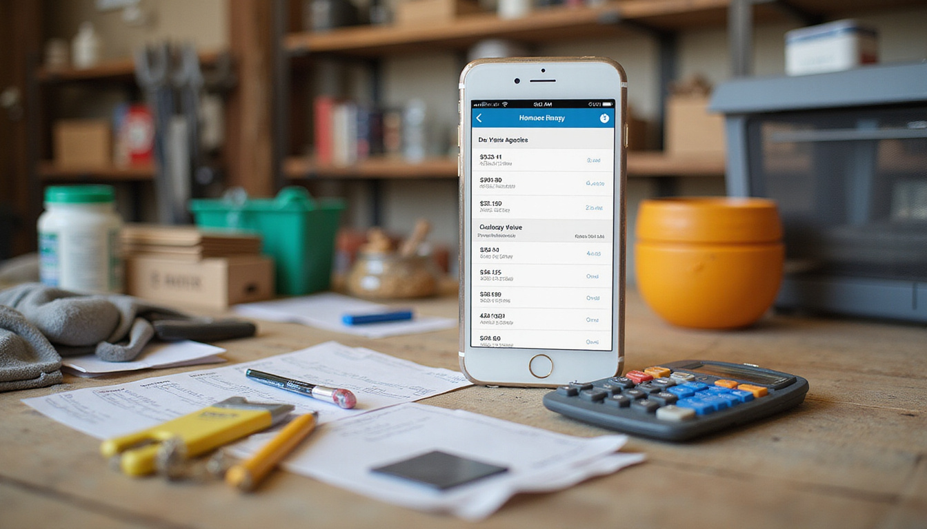  DIY homeowner sorting garage items by value beside checklist, smartphone app and calculator
