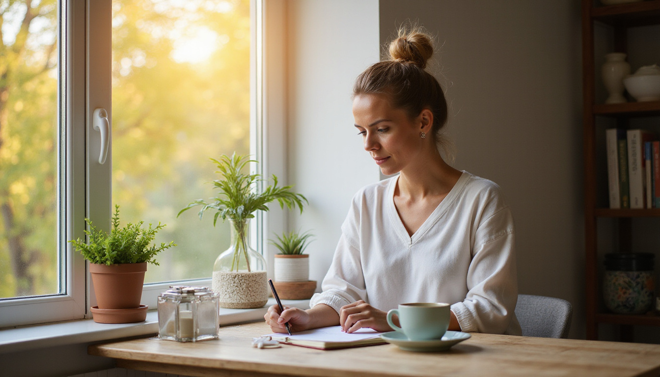 Woman practicing morning ritual: tea, journaling by window, warm light, decluttered serene space