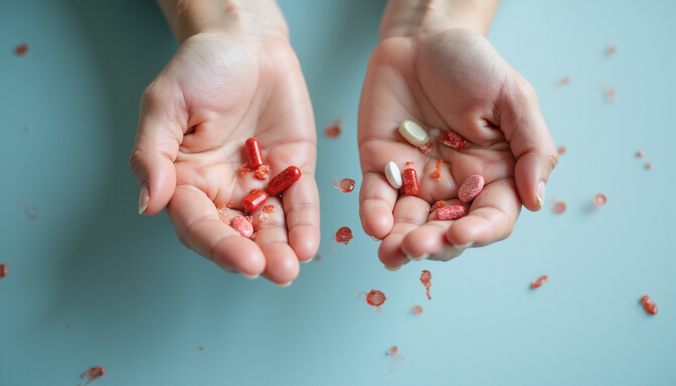  Elderly hand holding pills morphing into red allergy icons and blood sugar spikes