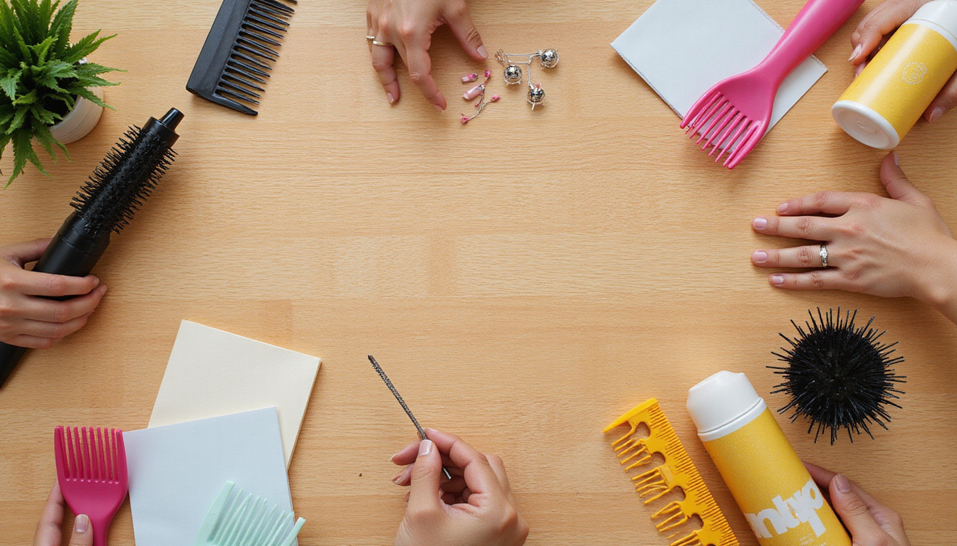  Flatlay of toppers, clips, combs, styling sprays, step by step notes, warm wood background