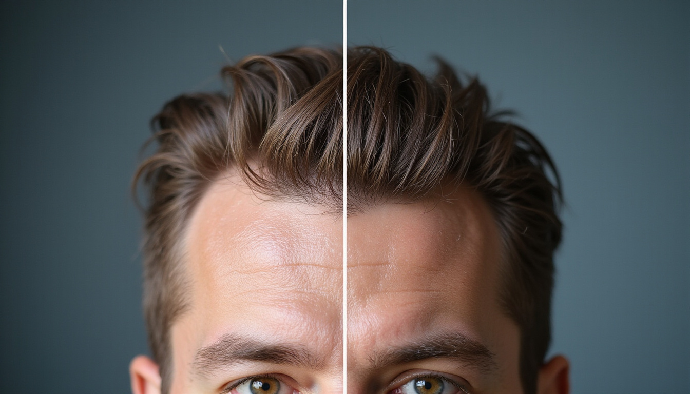  Split-image comparison: receding hairline versus restored hair after antiandrogen treatment, hopeful dramatic lighting
