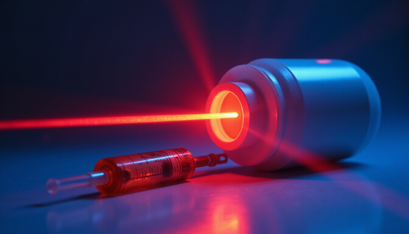 Split-screen contrast: glowing laser therapy accelerating pain relief versus pill bottle and syringe, dramatic lighting
