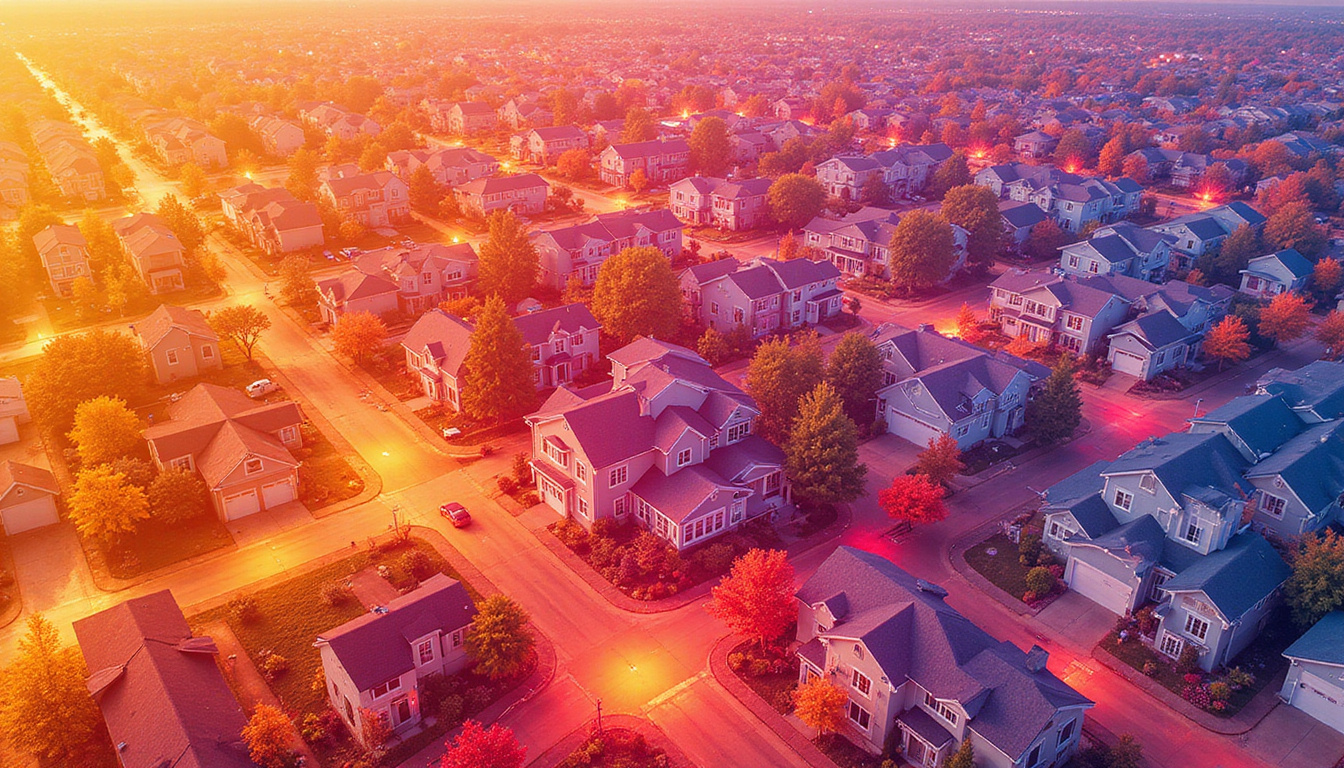  Aerial neighborhood heatmap blending vibrant price colors with modern homes and smiling new homeowners