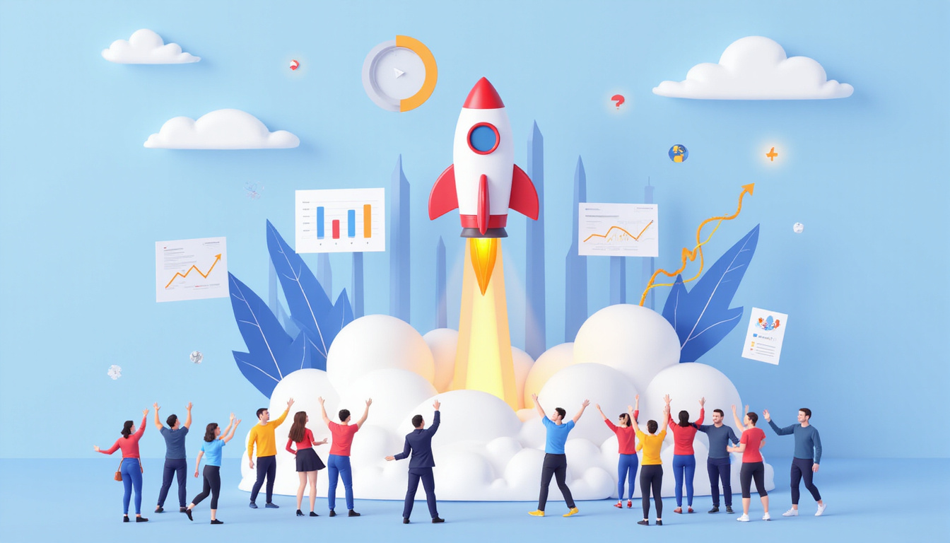 Marketing dashboard transforming into soaring rocket, arrows, conversion funnels, diverse customers celebrating