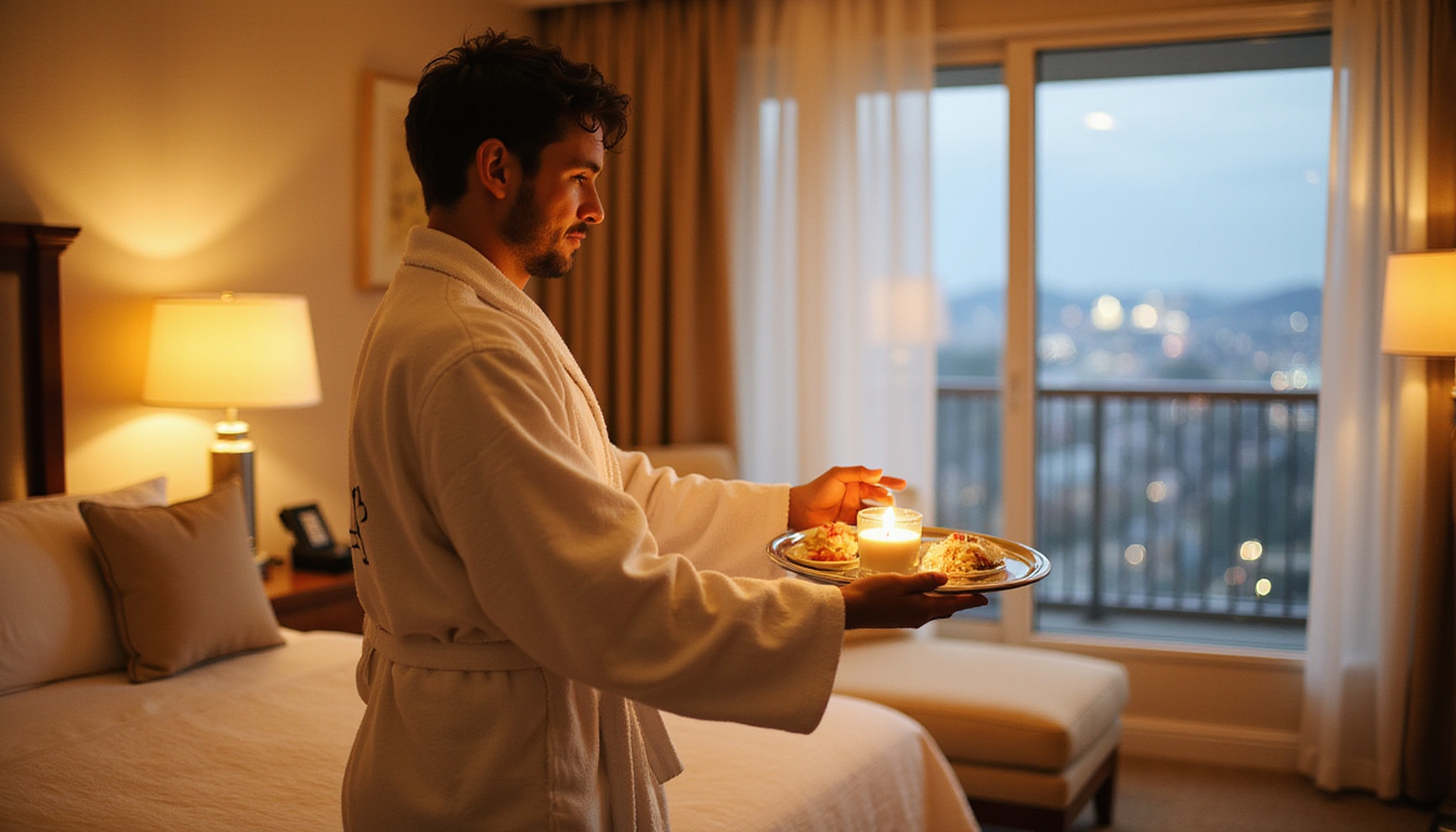  Private butler presenting monogrammed robe and scented candle, panoramic suite, warm golden lighting