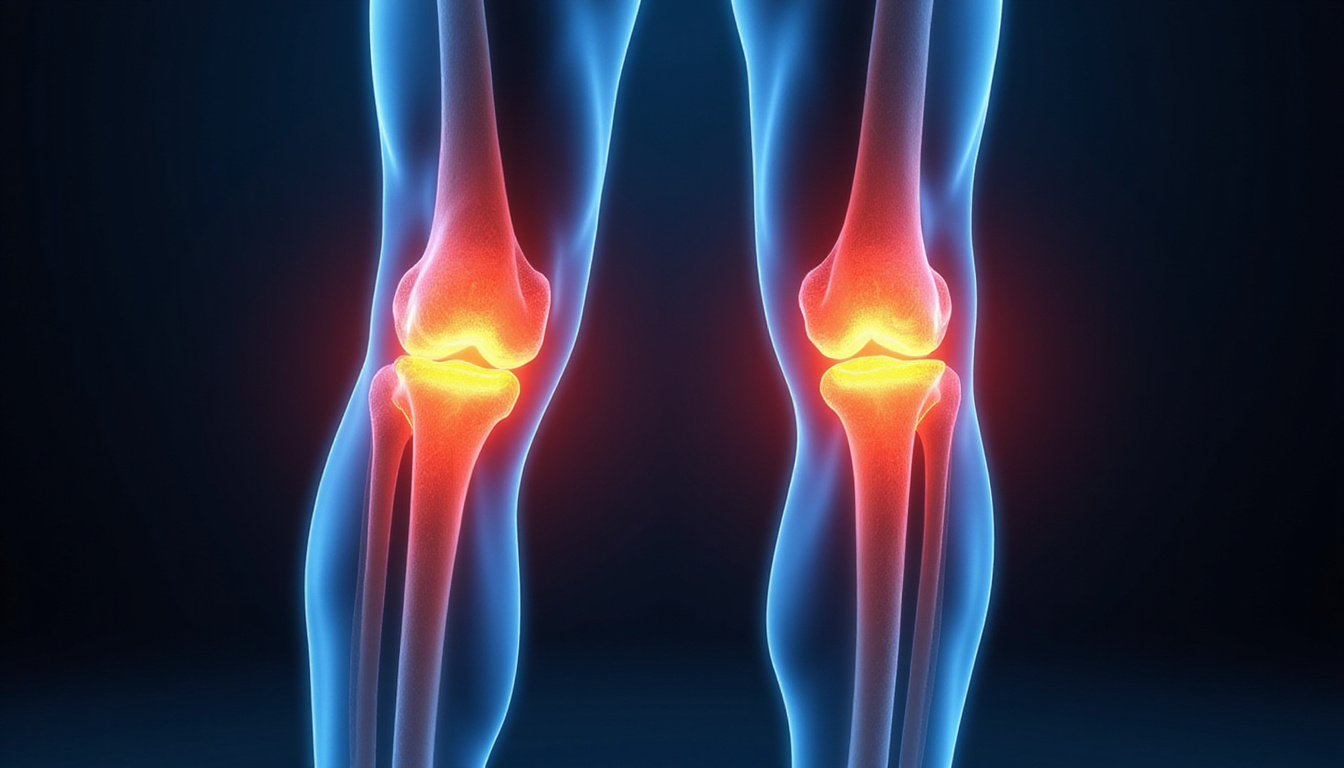  Realistic lateral and AP knee X-ray overlay with color-coded Kellgren-Lawrence scale, clean clinical layout