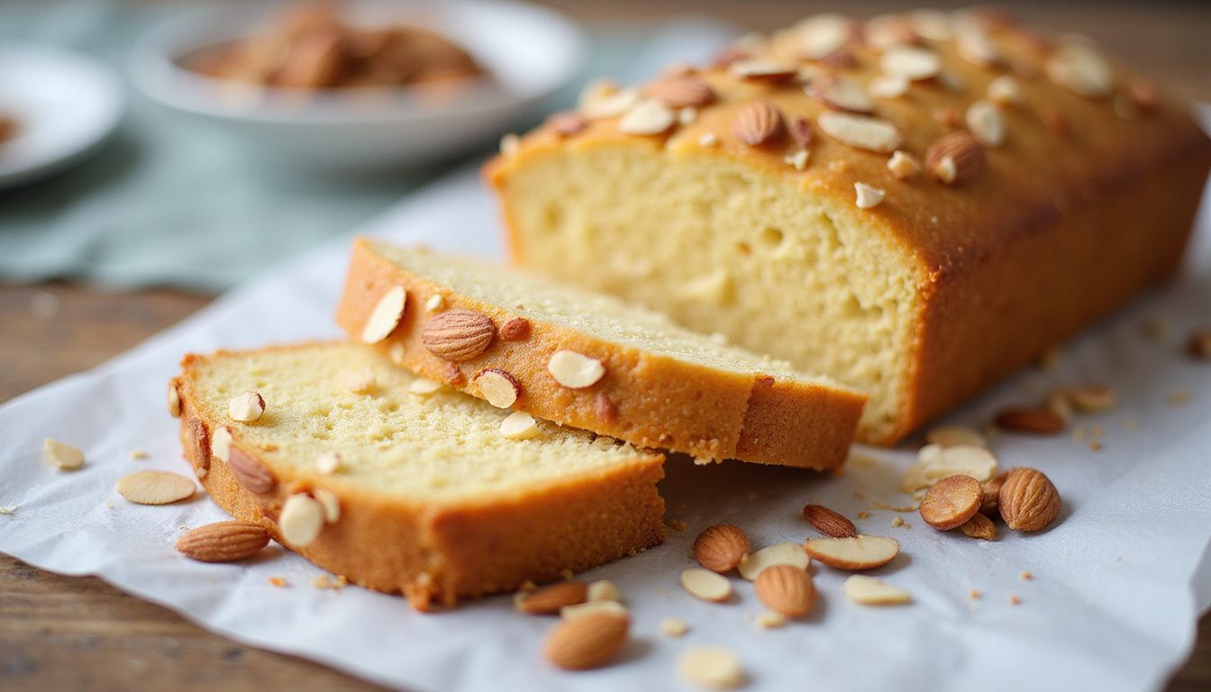 Close-up slice showing airy texture, sprinkling sliced almonds, low-carb recipe notebook