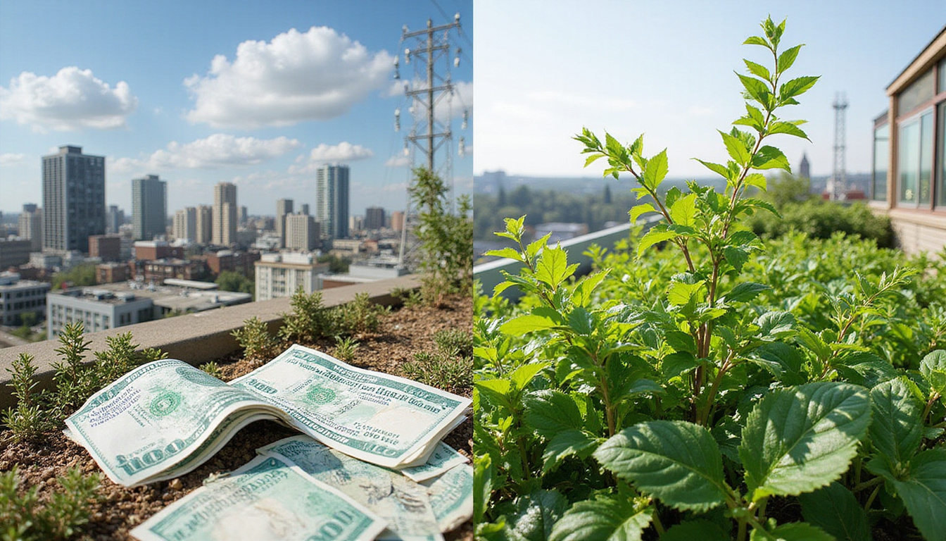  Split image: slashed utility bills and thriving city rooftop garden powered by recycled Freon