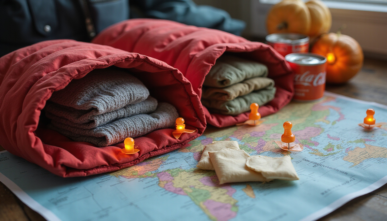  Close-up neatly folded warm coats, canned goods, hygiene kits on map with glowing location pins