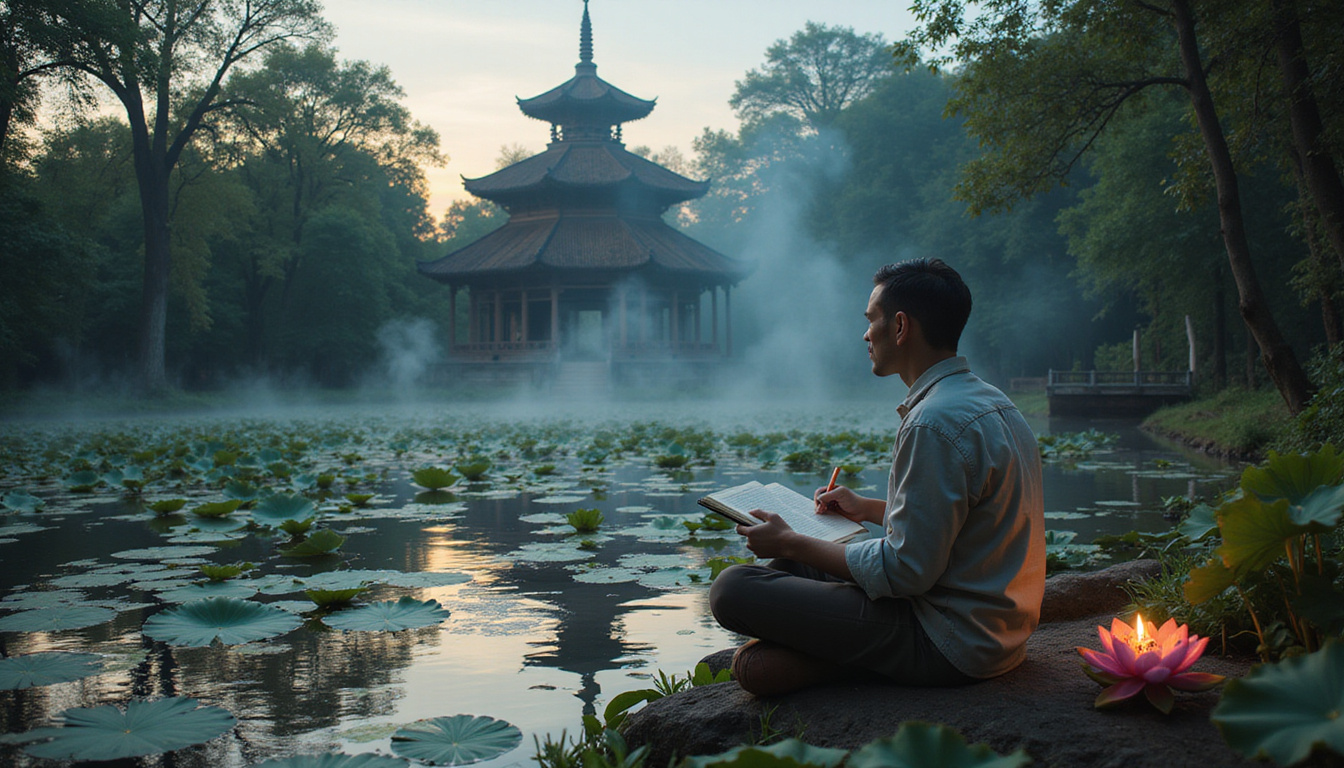  Ancient temple by tranquil lotus pond, mindful traveler journaling, incense smoke, soft twilight glow