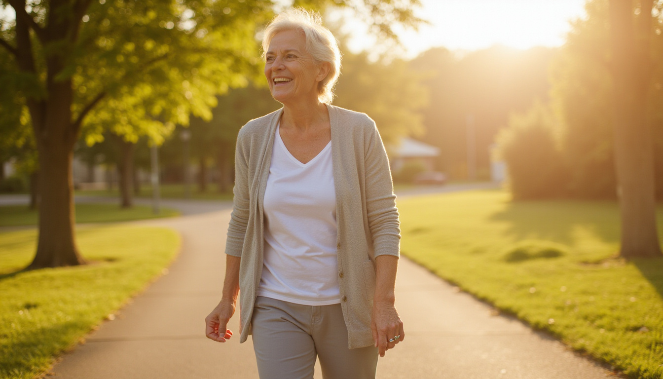  Elderly woman walking confidently outdoors after knee repair, physical therapy, sunshine, vibrant, hopeful expression