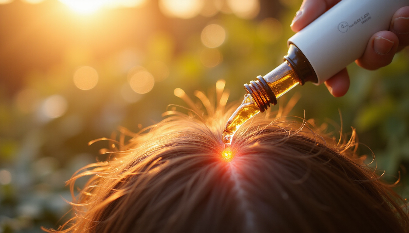  Close-up healing scalp, glowing new hair follicles, herbal oils, laser treatment device, hopeful sunrise