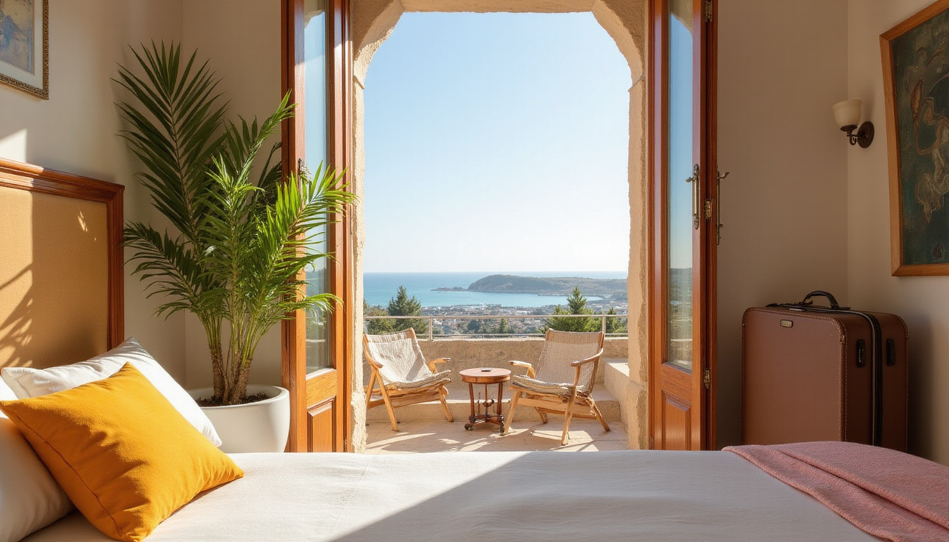 Affordable seaside studio in Alexandria, open calendar, suitcase, local market view, warm Mediterranean light