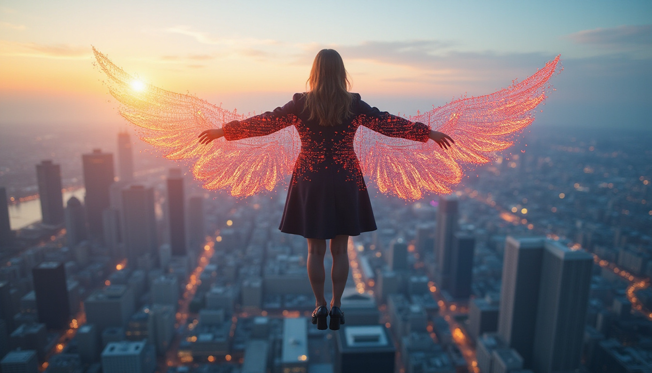 Businesswoman with digital data wings made of graphs and numbers, soaring over cityscape