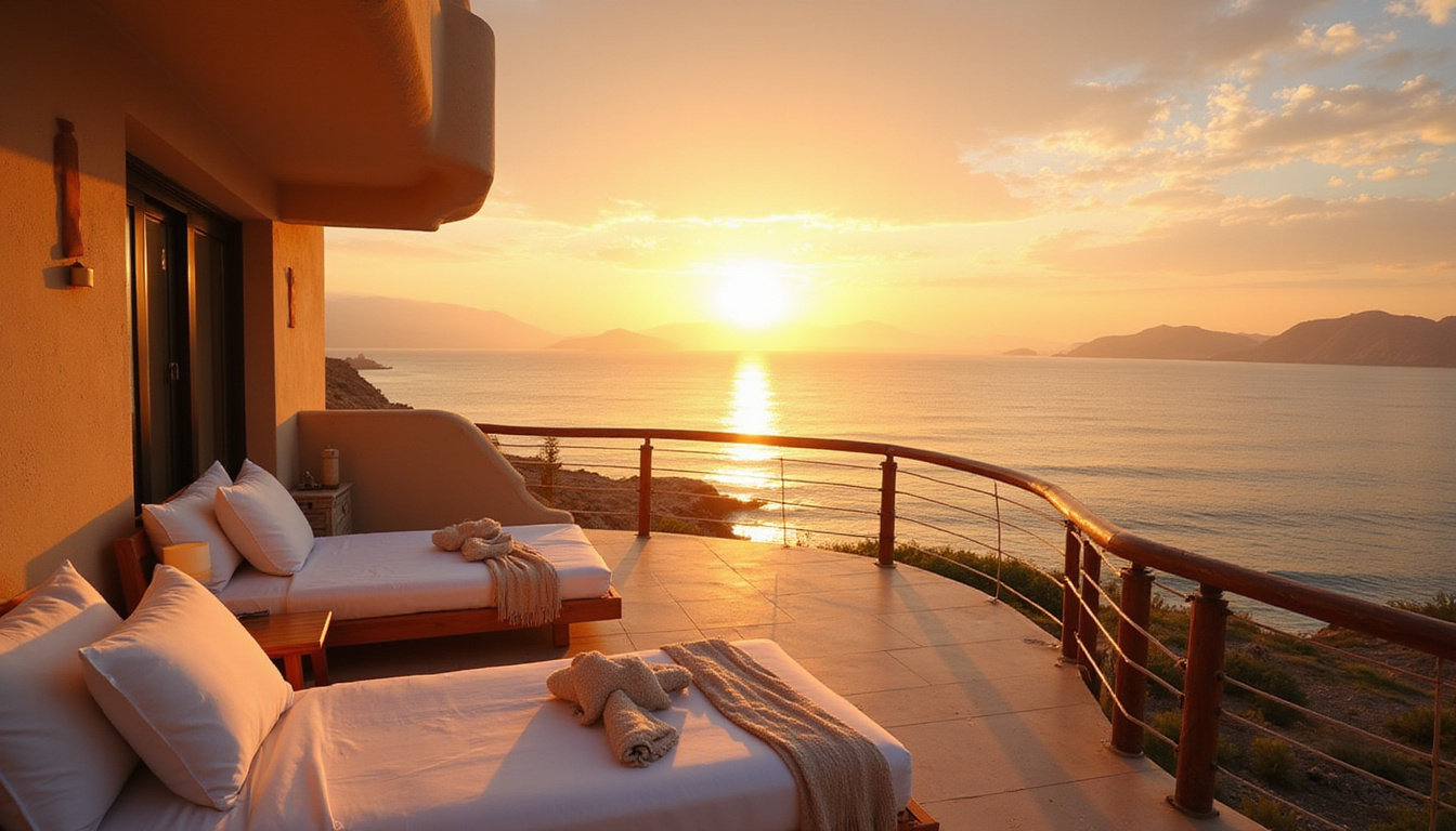  Luxurious seaside suite balcony at sunset, soft golden light, Egyptian coastal architecture, serene