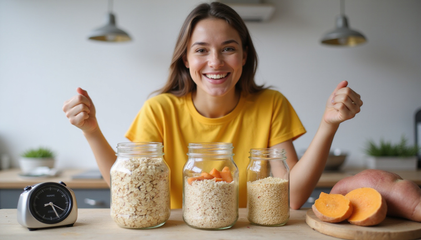  Dynamic meal-prep scene: jars of oats, quinoa, sweet potatoes, timer, energized smiling adult