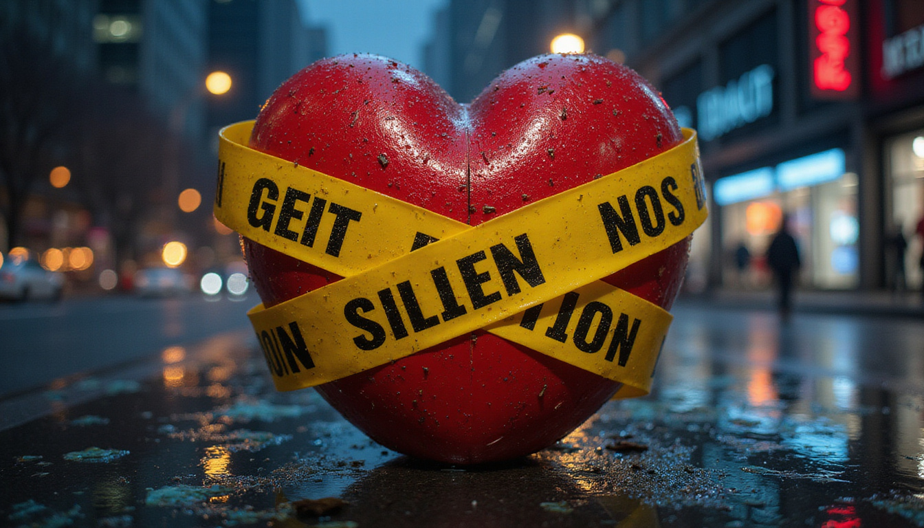  Heart wrapped in yellow caution tape, shattered glass reflections, city night, uneasy red lighting
