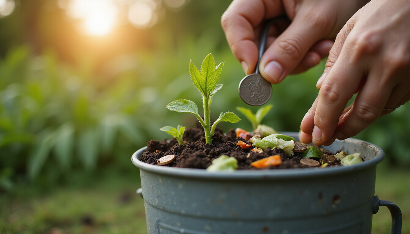  Close-up hands scraping vegetable scraps into compost pail, coins sprouting into seedlings