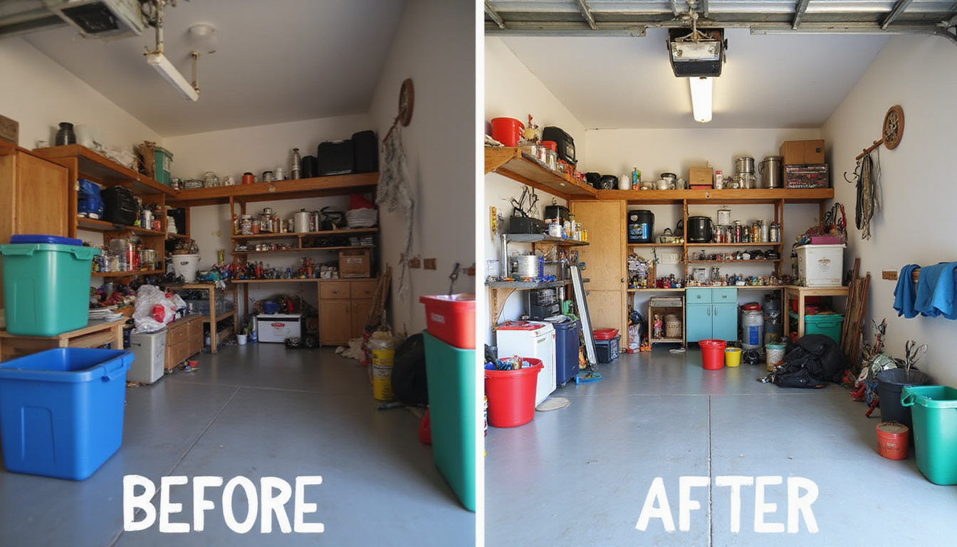  Before-and-after garage transformation, clutter disappearing in motion blur, eco-friendly bins, smiling homeowner