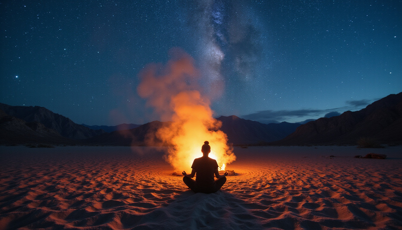  Night desert under star-swept sky, sweat lodge smoke, transformation light surrounding meditative seeker
