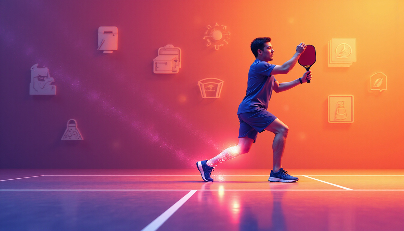  Infographic style scene: pickleball player stretching, glowing laser points on knee, recovery tips icons, clean vector