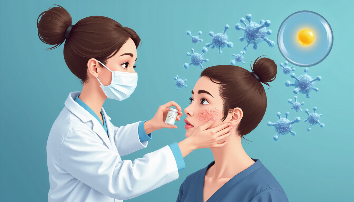  Dermatologist applying topical serum, illustrated DHT molecules repelled by glowing shield, hopeful patient