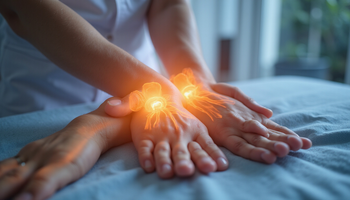  Close-up of hands demonstrating joint mobilization, anatomical overlays highlighting cartilage, soft-focus background, high-detail