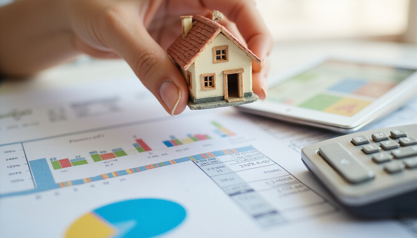  Hand holding miniature renovated house above rising profit chart, blueprints, paint swatches, calculator