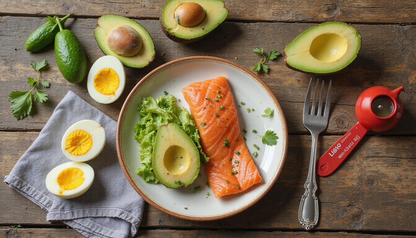  Top-down table of ketogenic meal prep, avocado, eggs, salmon, measuring scale, infographics overlay